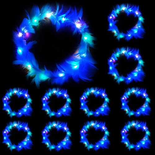 YOUYIKE 10 Stück LED Blumenkranz Haare, LED Haarreif, Haarkranz LED, Leucht Haarschmuck, LED Feder Stirnband, für Damen und Kinder Geburtstag Weihnachten Halloween Fasching Party Dekor (Blau) von YOUYIKE