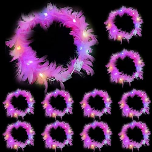 YOUYIKE 10 Stück LED Federkranz Stirnband, LED-Feder-Stirnbänder, LED Blumenkranz Haare, Leuchtender Kopfschmuck für Frauen Und Mädchen Weihnachten Halloween Fasching Party Hochzeit Dekor (Rosa) von YOUYIKE