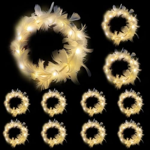 YOUYIKE 10 Stück LED Blumenkranz Haare, LED Haarreif, Haarkranz LED, Leucht Haarschmuck, LED Feder Stirnband, für Damen und Kinder Geburtstag Weihnachten Halloween Fasching Party Dekor (Warmweiß) von YOUYIKE