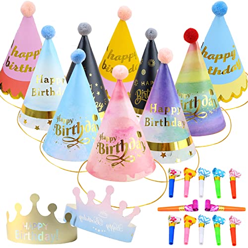 YOUYIKE 24 Stücke Kinder Partyhüte Set, Papier Krone Hut Party Kegel Hüte Kindergeburtstag Tröte, Partyhüte Geburtstag Dekoration Set für Familienfeiern für Kinder und Erwachsene von YOUYIKE