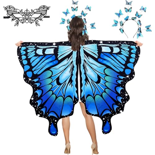 YOUYIKE 3 Set Schmetterling Kostüm Damen, Faschingskostüme Damen, Schmetterlingsflügel Erwachsene, Butterfly Top mit Schmetterling Haarreif Spitze Maske, für Karneval, Fasching, Mottoparty von YOUYIKE