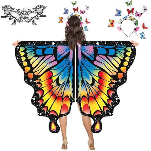 YOUYIKE 3 Set Schmetterling Kostüm Damen, Faschingskostüme Damen, Schmetterlingsflügel Erwachsene, Butterfly Top mit Schmetterling Haarreif Spitze Maske, für Karneval, Fasching, Mottoparty von YOUYIKE