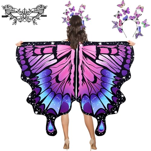 YOUYIKE 3 Set Schmetterling Kostüm Damen, Faschingskostüme Damen, Schmetterlingsflügel Erwachsene, Butterfly Top mit Schmetterling Haarreif Spitze Maske, für Karneval, Fasching, Mottoparty von YOUYIKE