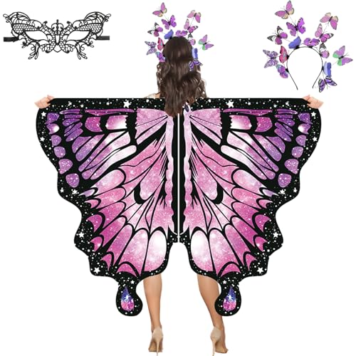 YOUYIKE 3 Set Schmetterling Kostüm Damen, Faschingskostüme Damen, Schmetterlingsflügel Erwachsene, Butterfly Top mit Schmetterling Haarreif Spitze Maske, für Karneval, Fasching, Mottoparty (Rosa) von YOUYIKE