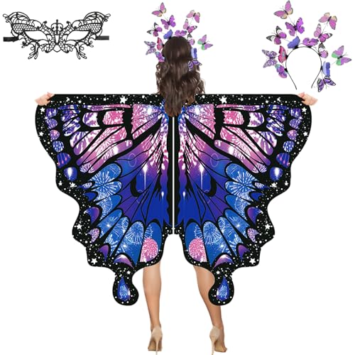 YOUYIKE 3 Set Schmetterling Kostüm Damen, Faschingskostüme Damen, Schmetterlingsflügel Erwachsene, Butterfly Top mit Schmetterling Haarreif Spitze Maske, für Karneval, Fasching, Mottoparty von YOUYIKE