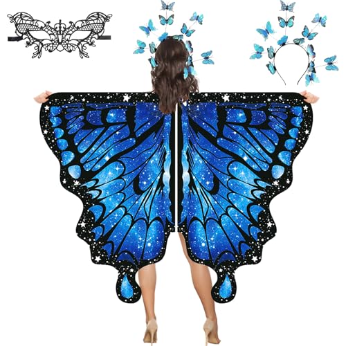 YOUYIKE 3 Set Schmetterling Kostüm Damen, Faschingskostüme Damen, Schmetterlingsflügel Erwachsene, Butterfly Top mit Schmetterling Haarreif Spitze Maske, für Karneval, Fasching, Mottoparty von YOUYIKE