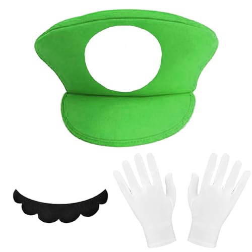 YOUYIKE Mario Luigi Kostüm Accessories, 3 Stück Super Mario Cosplay Kostüm Accessorie, mit Grün Mützen, Handschuhen Klebe-Bärten für Faschingkostüme Damen Herren Kind Halloween Outfits Karneval Kostüm von YOUYIKE