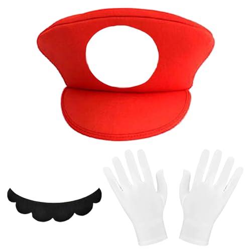 YOUYIKE 3 Stück Cosplay Kostüm Zubehör, mit Rot Grün Mützen, Handschuhen Klebe-Bärten, Brüder Kostüm Hut Cap für Fasching, Halloween& Cosplay (Rot) von YOUYIKE