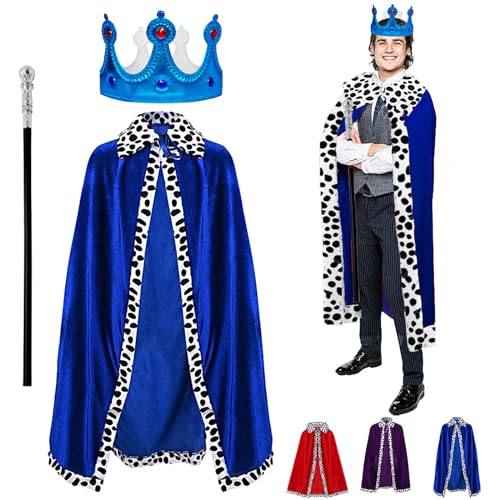 YOUYIKE 3 Stück König Kostüm für Erwachsene, Blau Erwachsene König Königin Kostüm mit 130cm Königsmantel, Krone König Königin,Zepter, für Cosplay, Mottoparty, Halloween, Karneval von YOUYIKE