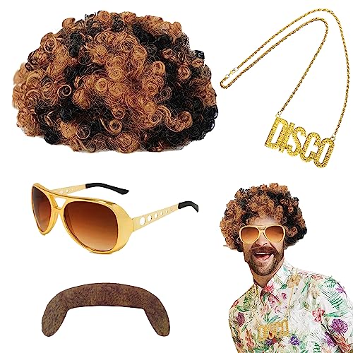 YOUYIKE 4 Stück Hippie Kostüm Set, Hippie Kostüm Herren, Hippie Accessoires, Perücke Blond Mix Schwarz, Sonnenbrille, Gold Disco Kette, Schnauzbart, für 60er 70er 80er Disco Mottoparty von YOUYIKE