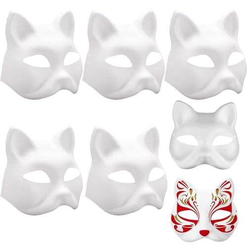 YOUYIKE 5 Stück DIY Katzenmaske, Masken Zum Bemalen, DIY Weiß Leere Maske, Masken Zum Basteln, Lustige Tiermasken, für Halloween Cosplay, Karneval Maske Maskenball auf Partydekorationen von YOUYIKE