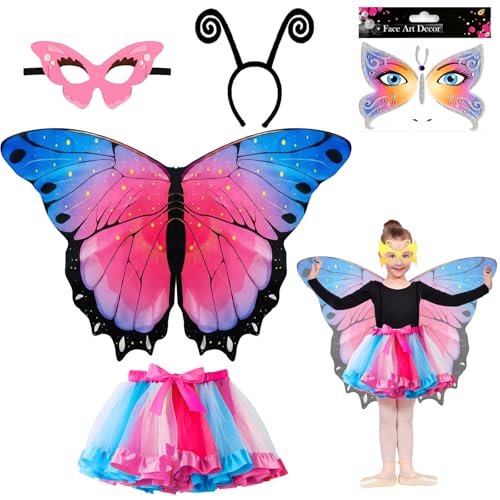 YOUYIKE 5 Stück Schmetterling Kostüm Kinder Mädchen, Schmetterlingsflügel umhang mit Maske Tutu Rock Tüllrock Haarreif Tattoos Schmetterling, für Halloween Kostüm Karneval Fasching Cosplay (Rosa) von YOUYIKE