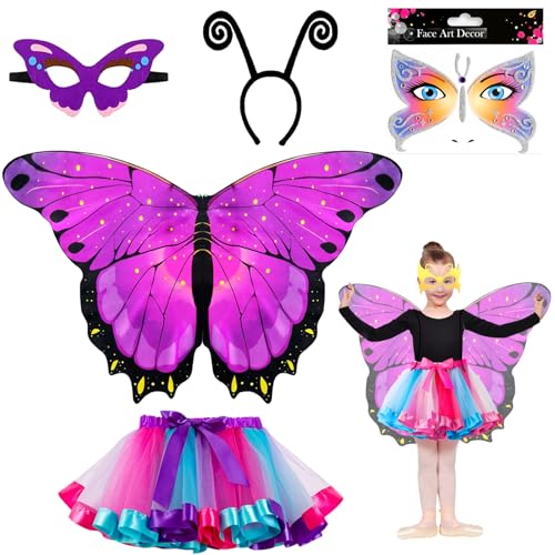 YOUYIKE 5 Stück Schmetterling Kostüm Kinder Mädchen, Schmetterlingsflügel umhang mit Maske Tutu Rock Tüllrock Haarreif Tattoos Schmetterling, für Halloween Kostüm Karneval Fasching Cosplay (Lila B) von YOUYIKE