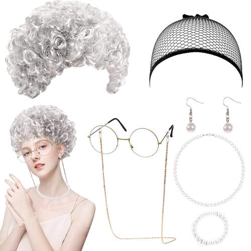 YOUYIKE 7 Stück Oma Perücke Kostüm Accessoire Set, Oma Brille mit Perlen Armband Perlenkette, Großmutter Verkleidung, Cosplay Zubehör für Halloween Karneval Mottoparty Fasching Deko von YOUYIKE