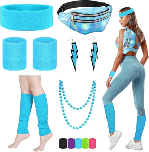 YOUYIKE 90er 80er Jahre Outfit Damen Blau Set, Gürteltasche, Neon Stirnband, Ohrring, Halskette, Handschuhe, 80er jahre accessoires Neon Thema Party 80er Jahre Karneval Kostüm Damen Frauen Mädchen von YOUYIKE