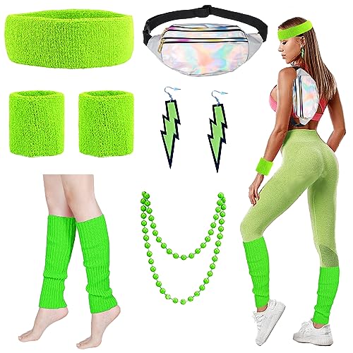 YOUYIKE 90er 80er Jahre Outfit Damen Grün Set, Gürteltasche, Neon Stirnband, Ohrring, Halskette, Handschuhe, 80er jahre accessoires Neon Thema Party 80er Jahre Karneval Kostüm Damen Frauen Mädchen von YOUYIKE