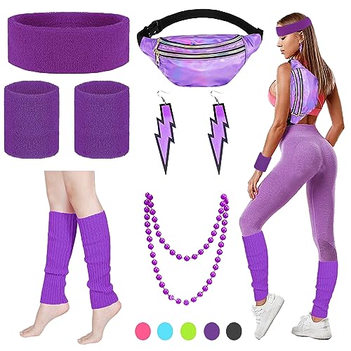 YOUYIKE 90er 80er Jahre Outfit Damen Lila Set, Gürteltasche, Neon Stirnband, Ohrring, Halskette, Handschuhe, 80er jahre accessoires Neon Thema Party 80er Jahre Karneval Kostüm Damen Frauen Mädchen von YOUYIKE