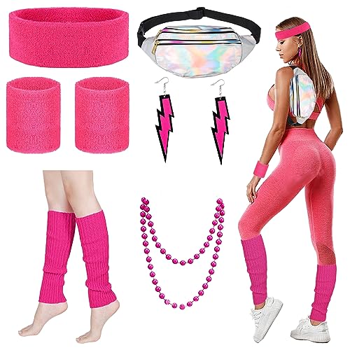 YOUYIKE 90er 80er Jahre Outfit Damen Rosa Set, Gürteltasche, Neon Stirnband, Ohrring, Halskette, Handschuhe, 80er jahre accessoires Neon Thema Party 80er Jahre Karneval Kostüm Damen Frauen Mädchen von YOUYIKE