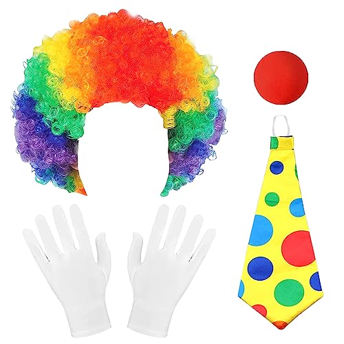 YOUYIKE Clown Kostüm Accessoire, 5 Stück Clown Kostüm Set, Clown Kostüm Kinder, Clown Lockenperücke+Clownsnase+Bunte Krawatte+Handschuhe Geeignet Kostümzubehör Für Karneval, Ostern Und Halloween von YOUYIKE