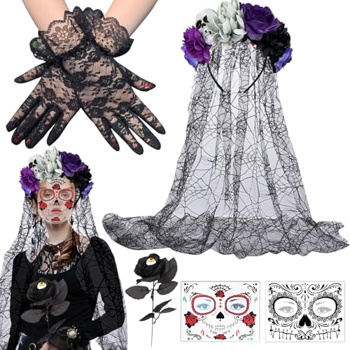 YOUYIKE Halloween Kostüm Damen Haarreif Schleier Halloween Haarreif Tag, Voodoo Kostüm Damen,Spitzenhandschuhe,Mexikanische Stirnband Rosen,Halloween Haarschmuck und Tattoos für Dia de Los Muertos von YOUYIKE