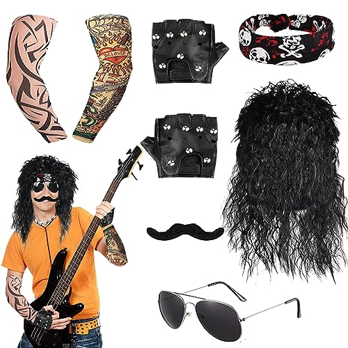 YOUYIKE Herren Kostüm Rockstar, 70er 80er 90er Jahre Outfit Herren Disco Kostüm mit Punk Handschuhe Tattoo Ärmel Sonnenbrille Schwarz Perücke Bart Turban für Motto-Party Und Cosplay von YOUYIKE