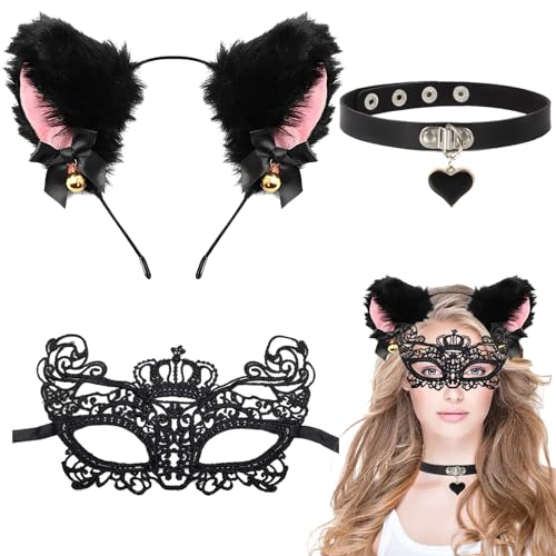 LUKIUP 3 Stück Katzenohren Haarreif, Rosa Cat Ears Headband mit Glöckchen, Katzenohren Stirnband, Katze Haarschmuck für Damen Mädchen Halloween Anime Cosplay Karneval und Weihnachten von YOUYIKE