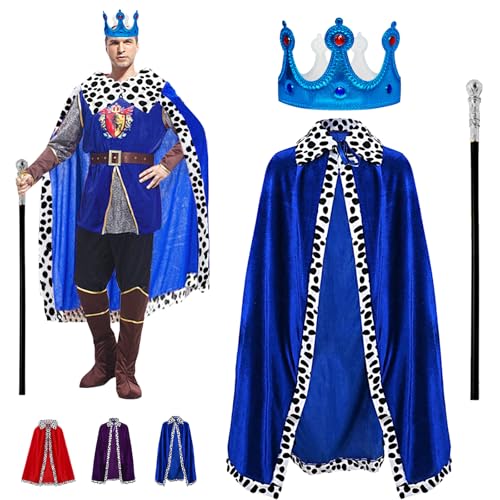 YOUYIKE König Kostüm, Erwachsene König Königin Kostüm mit 130cm Königsmantel, Krone König Königin,Zepter, für Cosplay, Mottoparty, Halloween, Karneval (Blau) von YOUYIKE