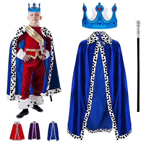 YOUYIKE 3 Stück König Kostüm für Kinder, Prinz Umhang Kinder Blau, mit 90cm Königsmantel, Krone König Königin,Zepter, für Cosplay, Mottoparty, Halloween, Karneval, König und Königinnen Kostüm (Blau) von YOUYIKE