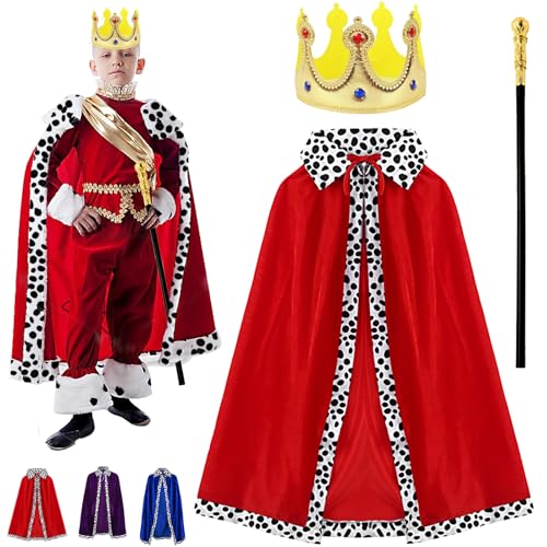 YOUYIKE 3 Stück König Kostüm für Kinder, Prinz Umhang Kinder, mit 90cm Königsmantel, Krone König Königin,Zepter, für Cosplay, Mottoparty, Halloween, Karneval, König und Königinnen Kostüm (Rot) von YOUYIKE