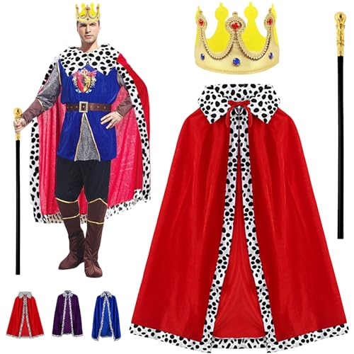 YOUYIKE König Kostüm, Rot Erwachsene König Königin Kostüm mit 130cm Königsmantel, Krone König Königin,Zepter, für Cosplay, Mottoparty, Halloween, Karneval (Rot) von YOUYIKE