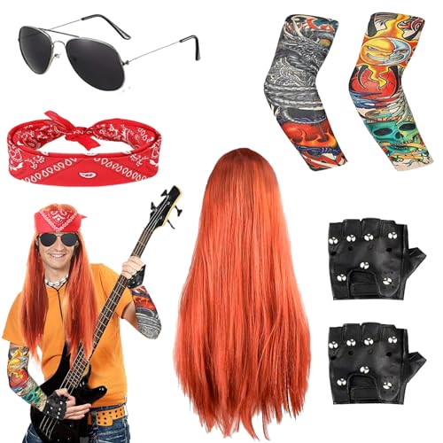 YOUYIKE Rocker Kostüm Herren,Herren Kostüm Rockstar,70er 80er 90er Jahre Outfit Herren Disco Kostüm, mit Punk Handschuhe Tattoo Ärmel Sonnenbrille Perücke Turban, Für Motto-Party Und Cosplay von YOUYIKE