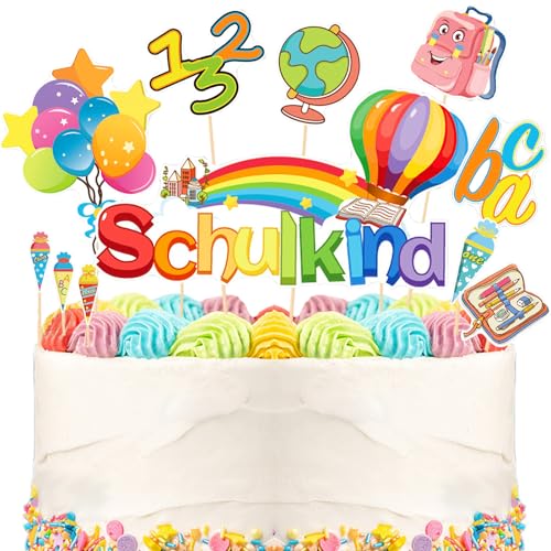 11 Stück Tortendeko Einschulung, Cake Topper Einschulung, Kuchendeko Schulanfang, ABC 123 Tortenaufsätze, Schulwaren Tortenaufsätze für Mädchen Junge von YOUYIKE