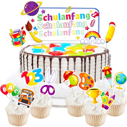 YOUYIKE Schulanfang Cupcake Toppers, Einschulung Tortendeko, Cupcake Toppers Mit ABC 123 Zuckertüte, Schulanfang Tortendeko, Für Mädchen Junge 1. Schultag Schulanfang Caketopper von YOUYIKE