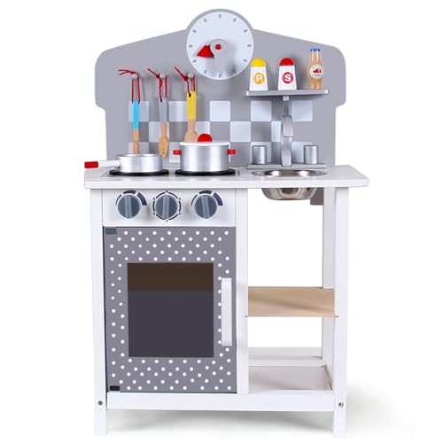 Grey White Kitchen Play Set BL-19012 Kinderküche mit Mehreren Spielzeug Lebensmittel und Kochen Zubehör Kinderküche Holz Koch Pretend-Spielset für Kleinkinder mit echtem Geräuschen von YOXACT