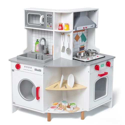 Realistic Corner Play Kitchen mit Mehreren Spielzeugnahrungsmitteln und Kochzubehör Holzkoch entwarf Spielzeugsets für kleine Kinder, verschiedener Küchenutensilien und Lebensmittelspielzeug von YOXACT