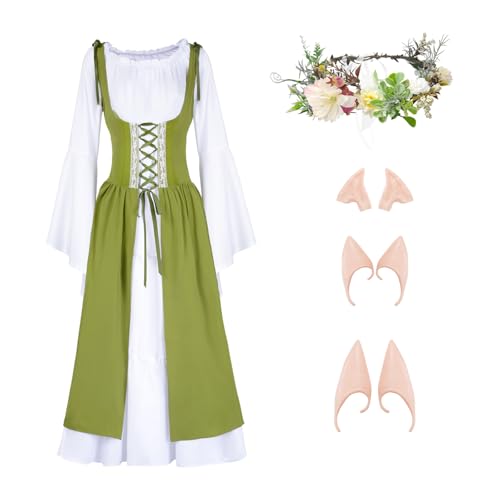 Renaissancekleider Mittelalter Outfits mit Elfenohren und Blumenkronen, Ideale Halloween-Kostüme für Partys und Karneval von YOYEMAM