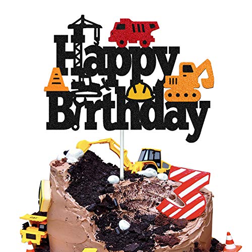 Bau Geburtstag Kuchen Topper LKW Mulde Bagger Gabelstapler Bulldozer Road Roller Engineering Motto für Kinder Junge Mädchen Happy Birthday Party Supplies Sparkle Dekorationen doppelseitig von YOYMARR