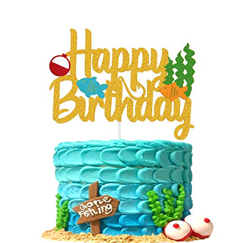 Gone Fishing Kuchendekoration Bobber Fish Little Fisherman Thema Kuchen Dekorationen für Kinder Baby Junge Mädchen Happy Birthday Party Supplies Doppelseitig Gold Glitzer Dekor von YOYMARR