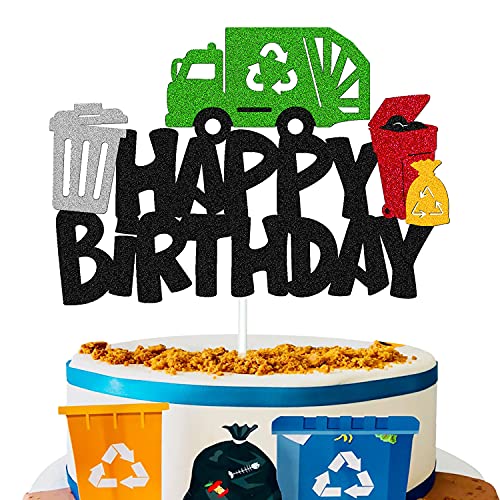 Müllwagen-Kuchenaufsatz, Happy Birthday, Schild, Kuchendekorationen für Mülleimer, grün, Recycling-Truck, Motto-Partyzubehör von YOYMARR