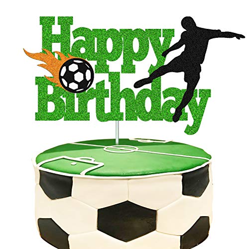 Soccer Cake Topper Happy Birthday Schild Fußballspieler Kuchen Dekorationen für Sport Thema Mann Junge Mädchen Geburtstag Party Supplies Doppelseitig Grün Sparkle Decor von YOYMARR