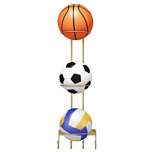YPOSPDD Sportball-Aufbewahrungsregale mit Haken, Garage, Basketball-Organizer for Spielgruppen, Fitnessstudios, Schulen, for 3 Bälle, Geburtstagsgeschenk(Color:Gold) von YPOSPDD