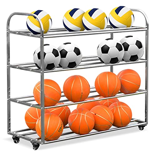 YPOSPDD Sports 4-stöckiger Basketballständer mit Rädern, fasst 40 Nr. 7 Bälle, Stabiler Ball-Organizer-Wagen aus Edelstahl for Fußball/Volleyball von YPOSPDD