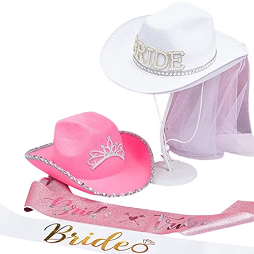 YPREWY Junggesellinnenabschied, Cowgirl, Braut, Briefhut, Damen, Brautparty, Cowboyhut mit Schleier, Schärpe, Mädchen, Karneval, Party-Requisiten von YPREWY