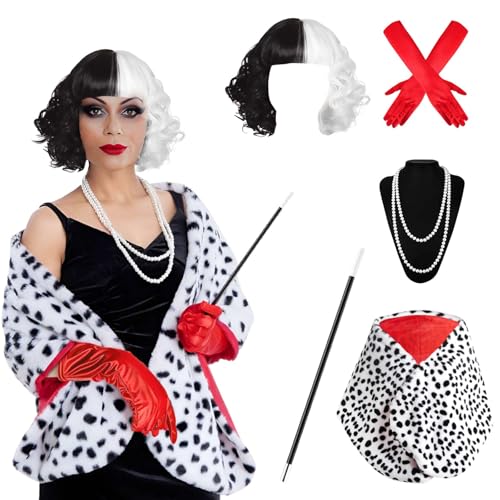 YQBFB 5 Stück Cruella Kostüm Damen Set: Cruella Devil Kostüme mit Perücke Weiß Schwarz Gepunkteter Stola Fell Rot Handschuhe Perlenkette und Lange Stange für Halloween Karneval Fasching von YQBFB