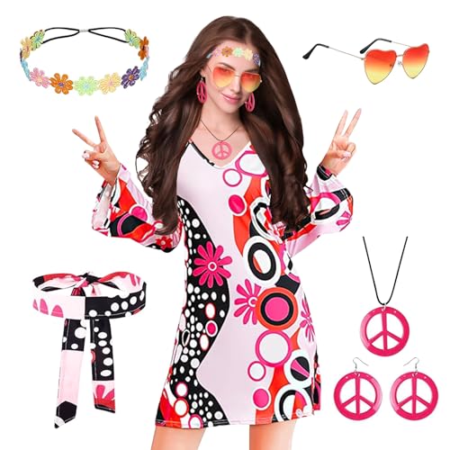 YQBFB Hippie Kostüm Damen Set für Karneval, 70er Jahre Bekleidung zubehör Damen Kleid, 60er 70er Damen Disco Kleid Faschingskostüme (M) von YQBFB