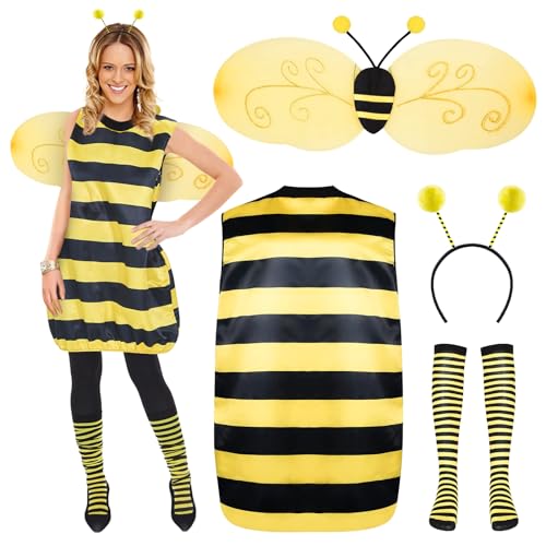 YQBFB Hummel Bienen Kostüm Damen - Bienenkostüm für Erwachsene mit Flügeln - Beinärmel und Haarreif für Cosplay Party Dress Up und Karneval (Hummel, XL) von YQBFB