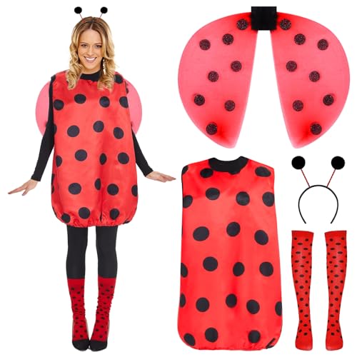 YQBFB Marienkäfer Fasching Kostüm Damen: Ladybug Kostüm für Erwachsene mit Flügeln - Beinärmel und Haarreif für Cosplay Party Dress Up und Karneval (Ladybug, L) von YQBFB