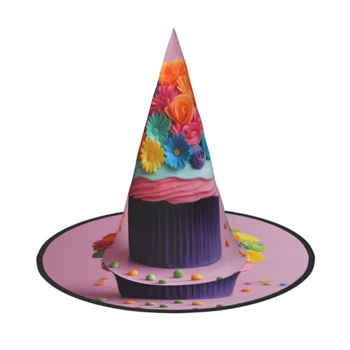 YQTGBCED Bunte Cupcake-Regenbogen-Blume, Kuchen-Druck, Hexenhut, Dekoration, Halloween-Hüte, einzigartige Zaubererhüte, leicht, aber stabiler Hexenhut von YQTGBCED