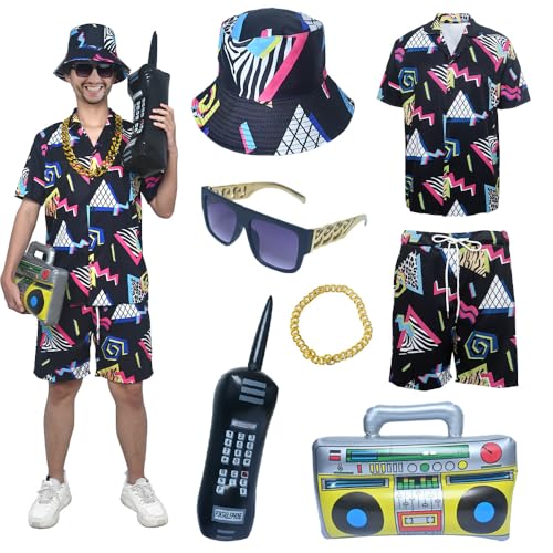 YQVGFBY 80er 90er Jahre Outfit Herren Retro Shirts und Shorts Set, Hip-Hop Strand T-Shirts und Shorts, Jogginganzüge, Badass-Kostüme, Faschingskostüme, Karnevalskostüme (Schwarz, 2XL) von YQVGFBY