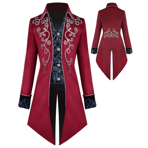 YQVGFBY Herren Steampunk Vintage Frack Jacke Gothic Frack Mantel Faschingskostüme,Mittelalter Kleidung Herren,Halloween Kostüm Herren (Rot, XXL) von YQVGFBY